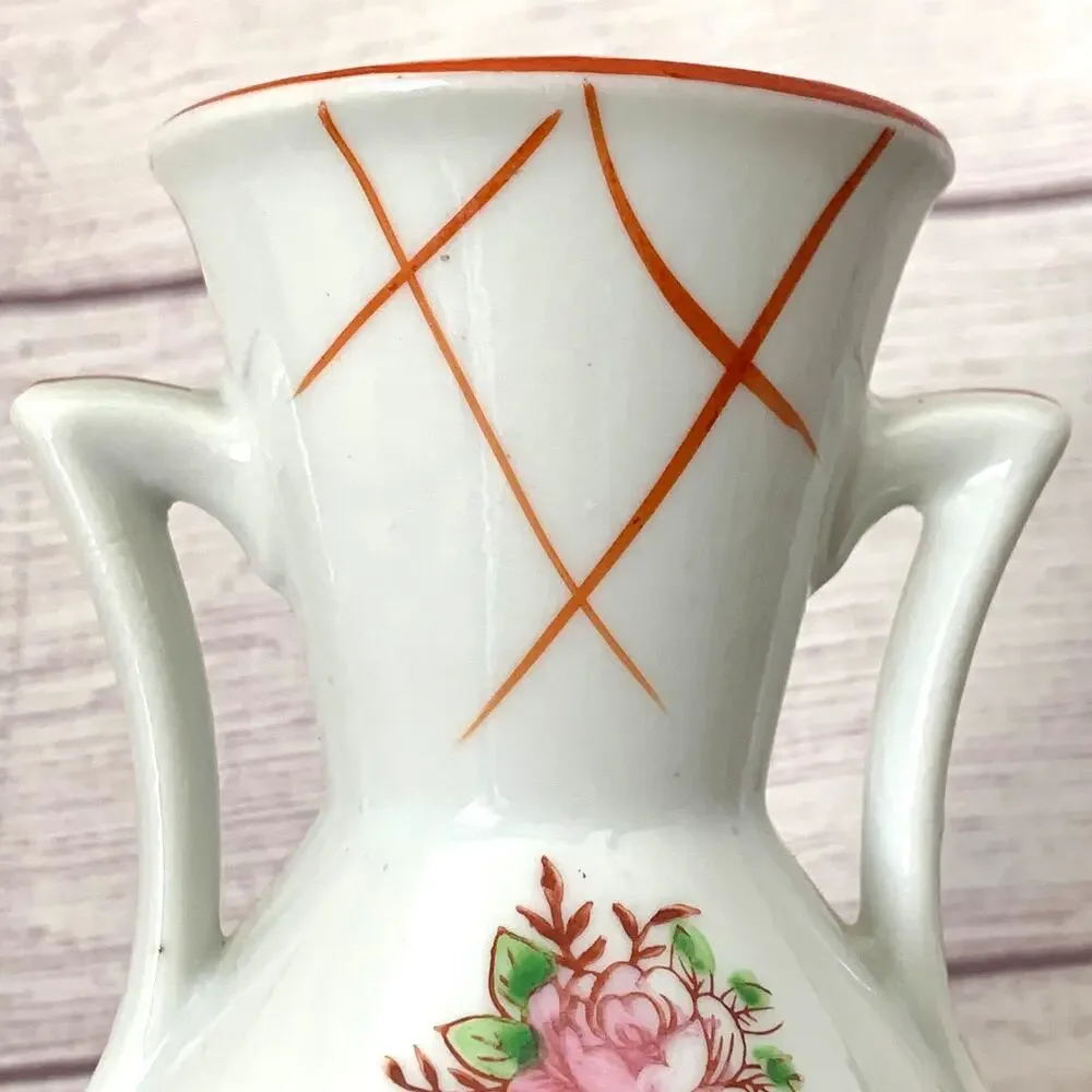 Vintage Japanese Double Handle Ceramic Vase Floral Motif Art Deco 4 5/8